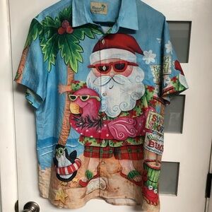Christmas in July!!! Amazing Crepe Colorful Hawaiian Santa Pink Flamingo Shirt